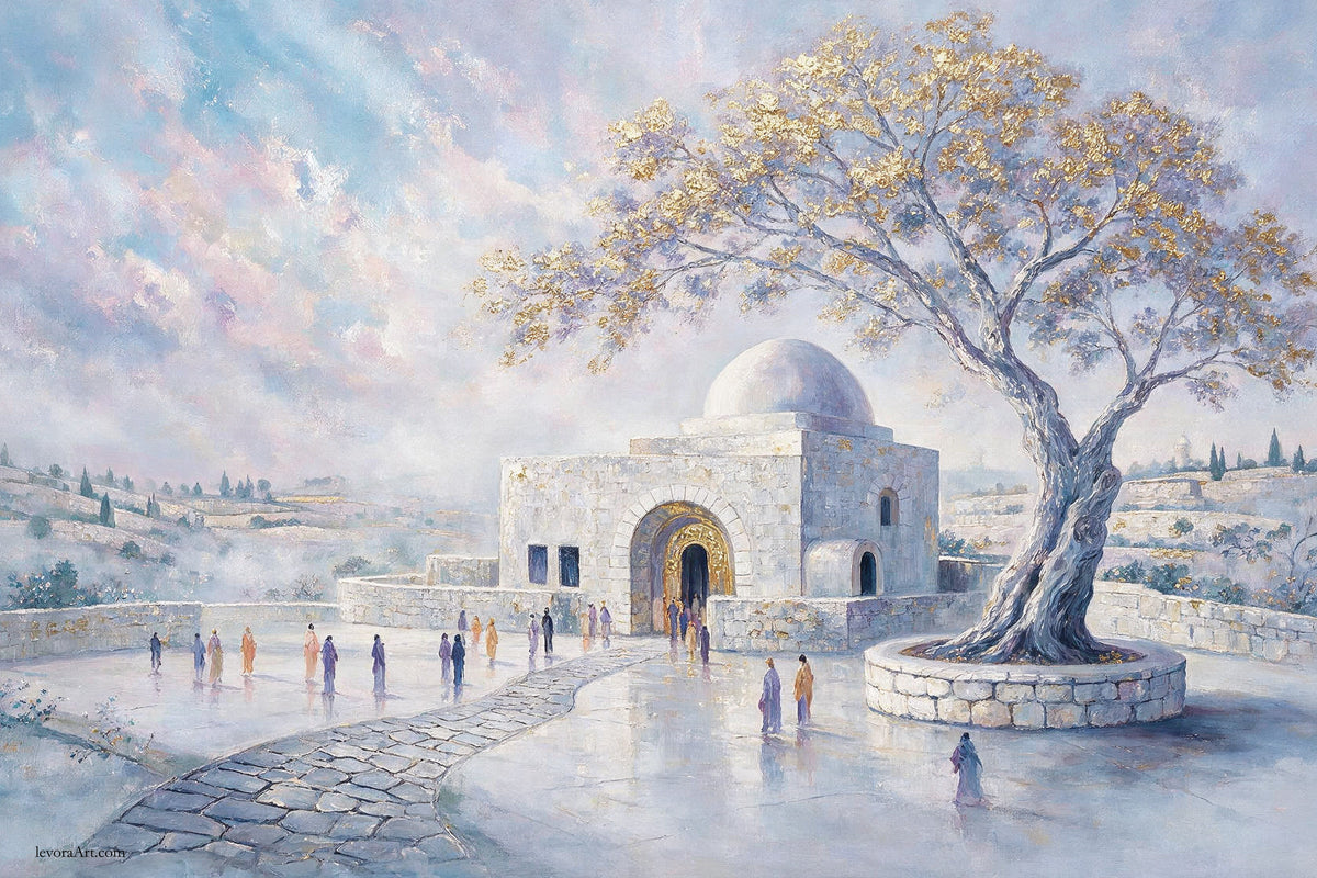 Discover Rachel’s Tomb by Levora Art, a refined luxury Sukkah mural depicting Kever Rachel in soft blue, stone, and gold tones with timeless artistic elegance.
