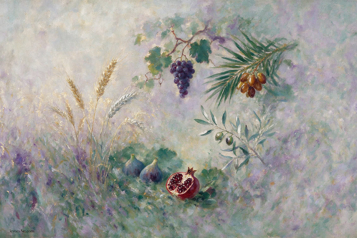 Shop Seven Species by Levora Art, a meaningful luxury Sukkah mural featuring the Shiv'as Haminim in a refined painterly composition inspired by Eretz Yisrael.