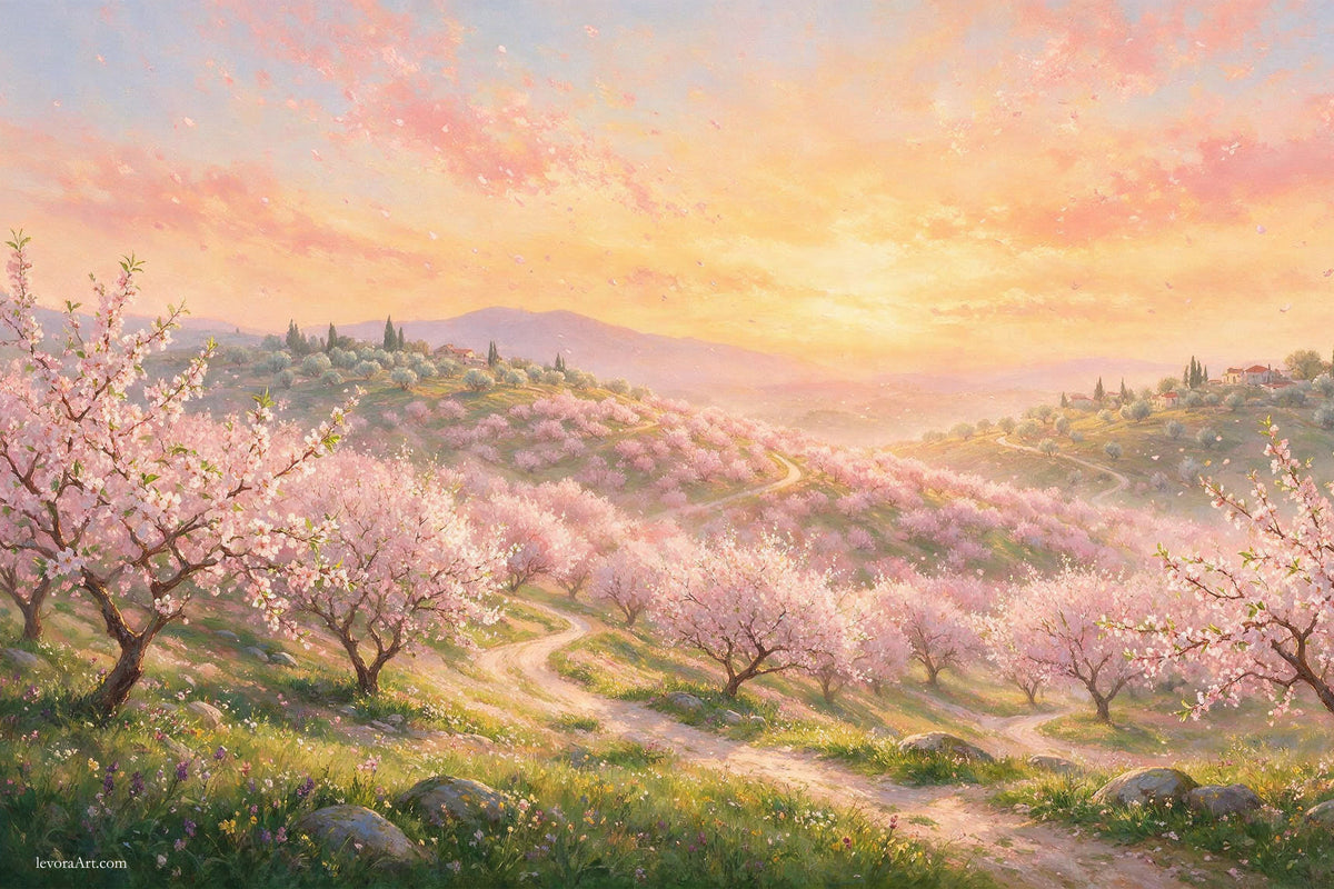 Explore Spring Blossom by Levora Art, a luminous luxury Sukkah mural featuring flowering hills, soft blush tones, and the beauty of Eretz Yisrael in bloom.