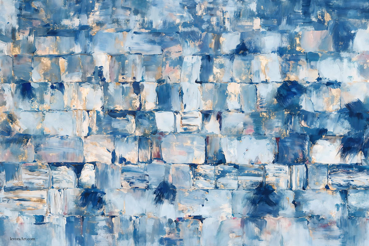 Shop Blue Kotel by Levora Art, a contemporary luxury Sukkah mural inspired by the Kosel, with expressive blue tones, rich texture, and elegant Jerusalem artistry.