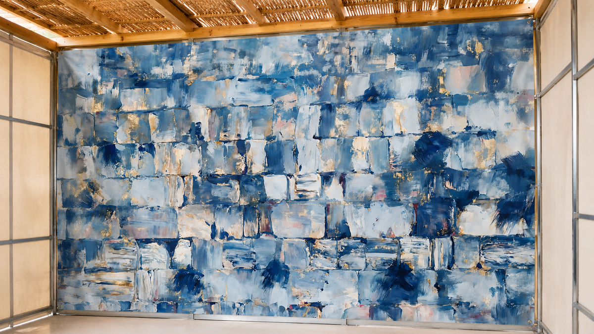 Shop Blue Kotel by Levora Art, a contemporary luxury Sukkah mural inspired by the Kosel, with expressive blue tones, rich texture, and elegant Jerusalem artistry.