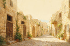Bring Jerusalem into your Sukkah with Golden Pathway by Levora Art, a warm luxury mural featuring a sunlit Old City passage in rich golden tones.
