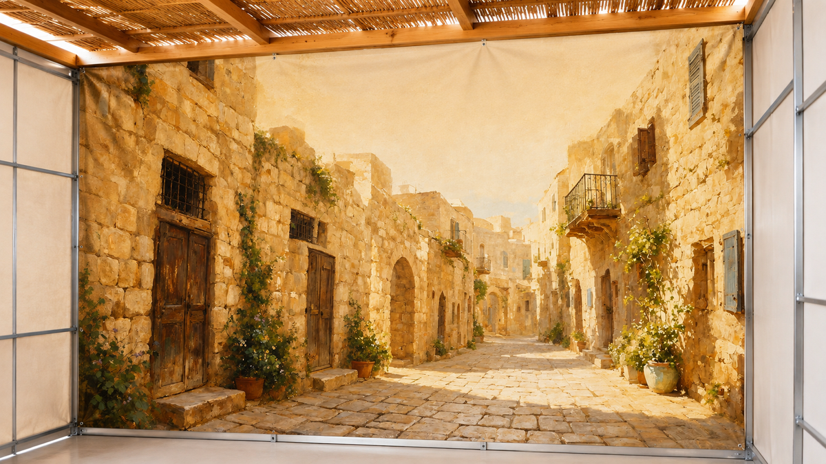 Bring Jerusalem into your Sukkah with Golden Pathway by Levora Art, a warm luxury mural featuring a sunlit Old City passage in rich golden tones.