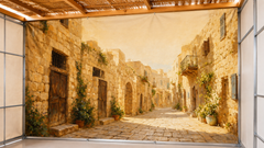 Bring Jerusalem into your Sukkah with Golden Pathway by Levora Art, a warm luxury mural featuring a sunlit Old City passage in rich golden tones.