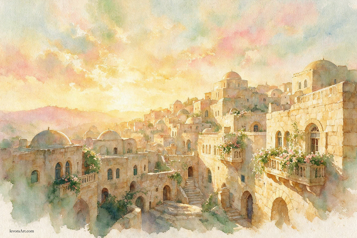 Explore Jerusalem Hills in Watercolor by Levora Art, a soft and elegant Sukkah mural featuring pastel Jerusalem scenery in a refined watercolor style.