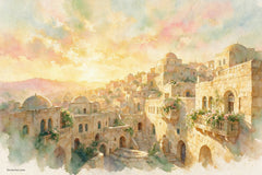 Explore Jerusalem Hills in Watercolor by Levora Art, a soft and elegant Sukkah mural featuring pastel Jerusalem scenery in a refined watercolor style.