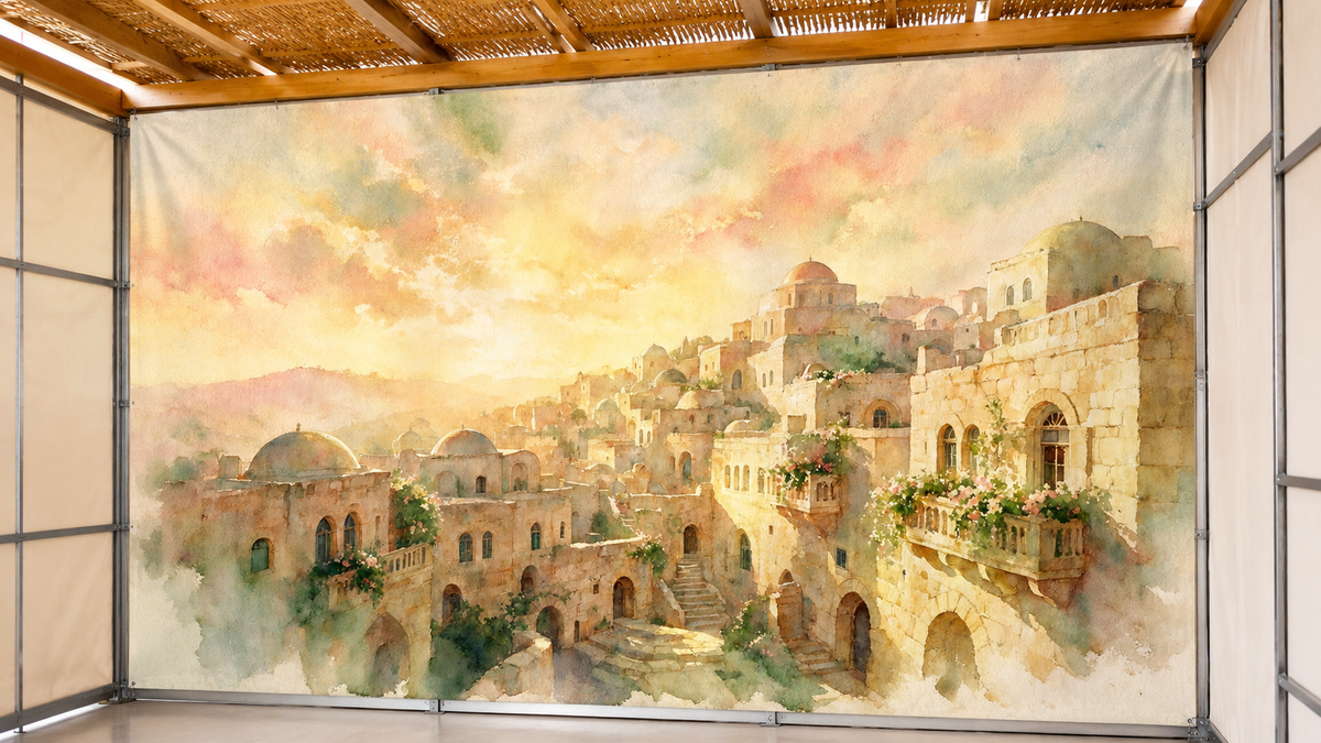 Explore Jerusalem Hills in Watercolor by Levora Art, a soft and elegant Sukkah mural featuring pastel Jerusalem scenery in a refined watercolor style.