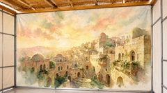Explore Jerusalem Hills in Watercolor by Levora Art, a soft and elegant Sukkah mural featuring pastel Jerusalem scenery in a refined watercolor style.