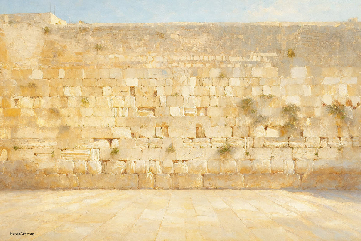 Discover Kotel by Levora Art, a timeless luxury Sukkah mural showcasing the Western Wall in warm Jerusalem stone tones and a soft, luminous painterly finish