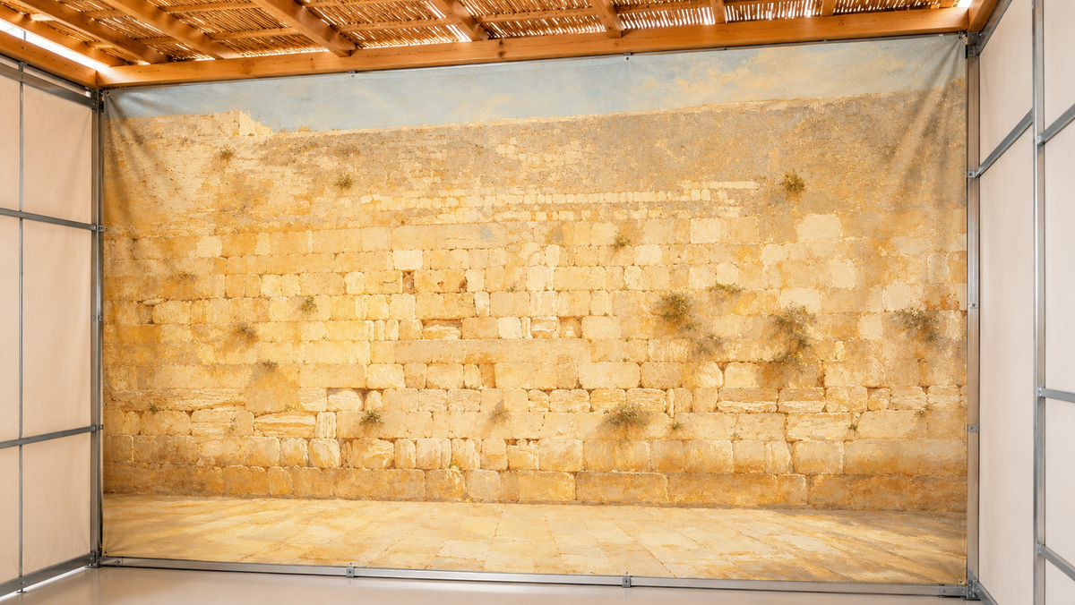 Discover Kotel by Levora Art, a timeless luxury Sukkah mural showcasing the Western Wall in warm Jerusalem stone tones and a soft, luminous painterly finish
