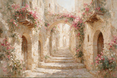 Shop Pastel Alley by Levora Art, a romantic Jerusalem Sukkah mural filled with sunlit stone, climbing florals, soft pastel tones, and elegant painterly detail.