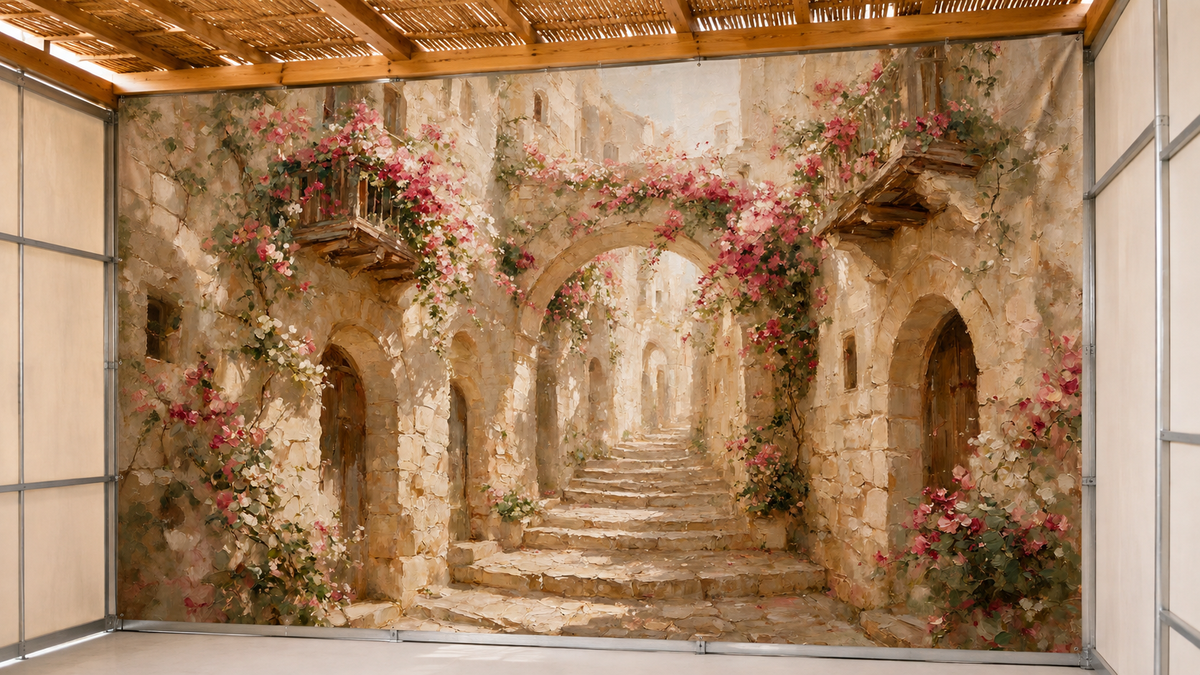 Shop Pastel Alley by Levora Art, a romantic Jerusalem Sukkah mural filled with sunlit stone, climbing florals, soft pastel tones, and elegant painterly detail.