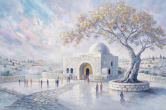 Discover Rachel’s Tomb by Levora Art, a refined luxury Sukkah mural depicting Kever Rachel in soft blue, stone, and gold tones with timeless artistic elegance.
