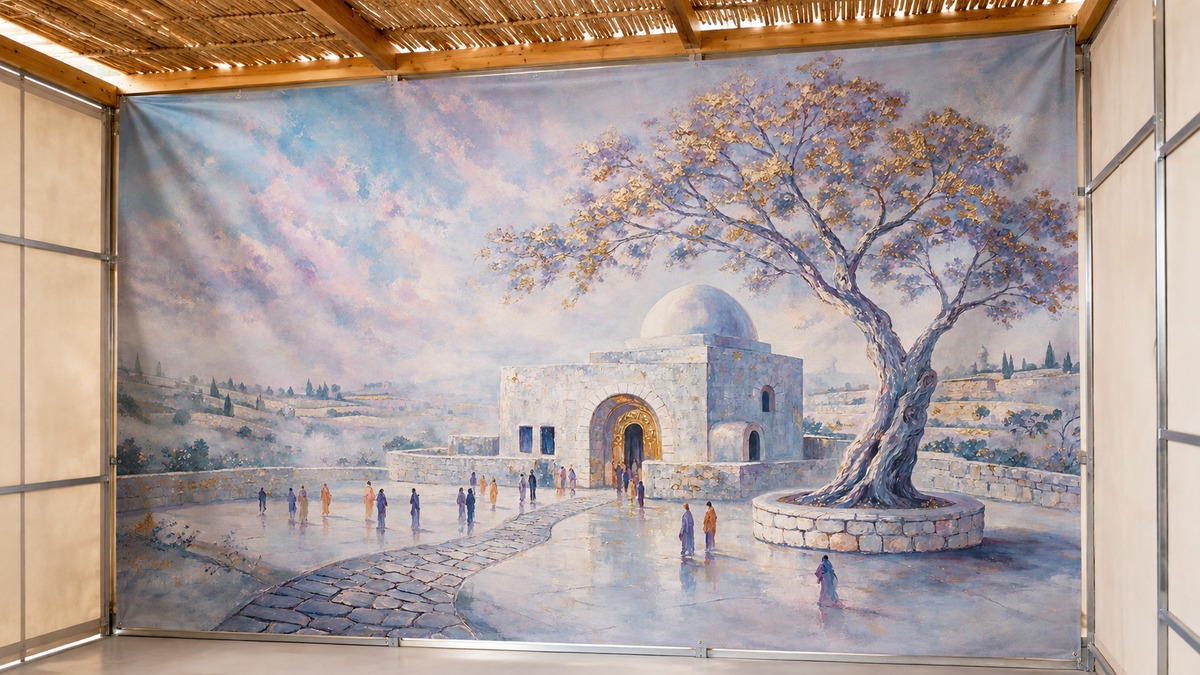 Discover Kever Rochel by Levora Art, a refined luxury Sukkah mural depicting Kever Rachel in soft blue, stone, and gold tones with timeless artistic elegance.