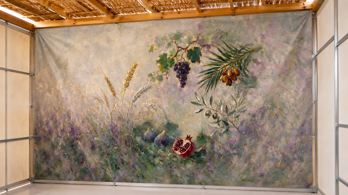 Shop Seven Species by Levora Art, a meaningful luxury Sukkah mural featuring the Shiv'as Haminim in a refined painterly composition inspired by Eretz Yisrael.