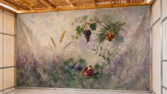 Shop Seven Species by Levora Art, a meaningful luxury Sukkah mural featuring the Shiv'as Haminim in a refined painterly composition inspired by Eretz Yisrael.