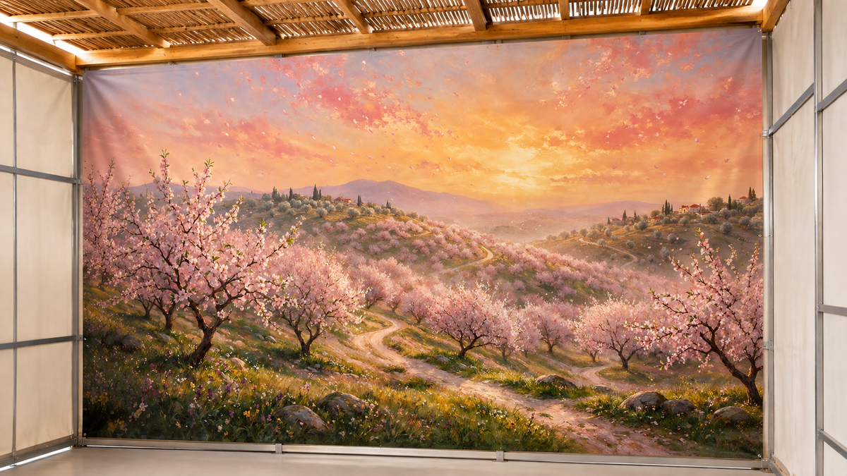 Explore Spring Blossom by Levora Art, a luminous luxury Sukkah mural featuring flowering hills, soft blush tones, and the beauty of Eretz Yisrael in bloom.